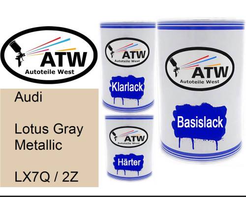 Audi, Lotus Gray Metallic, LX7Q / 2Z: 500ml Lackdose + 500ml Klarlack + 250ml Härter - Set, von ATW Autoteile West.